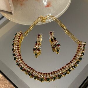 Unique Vintage Gold Necklace with Red and Green Accents